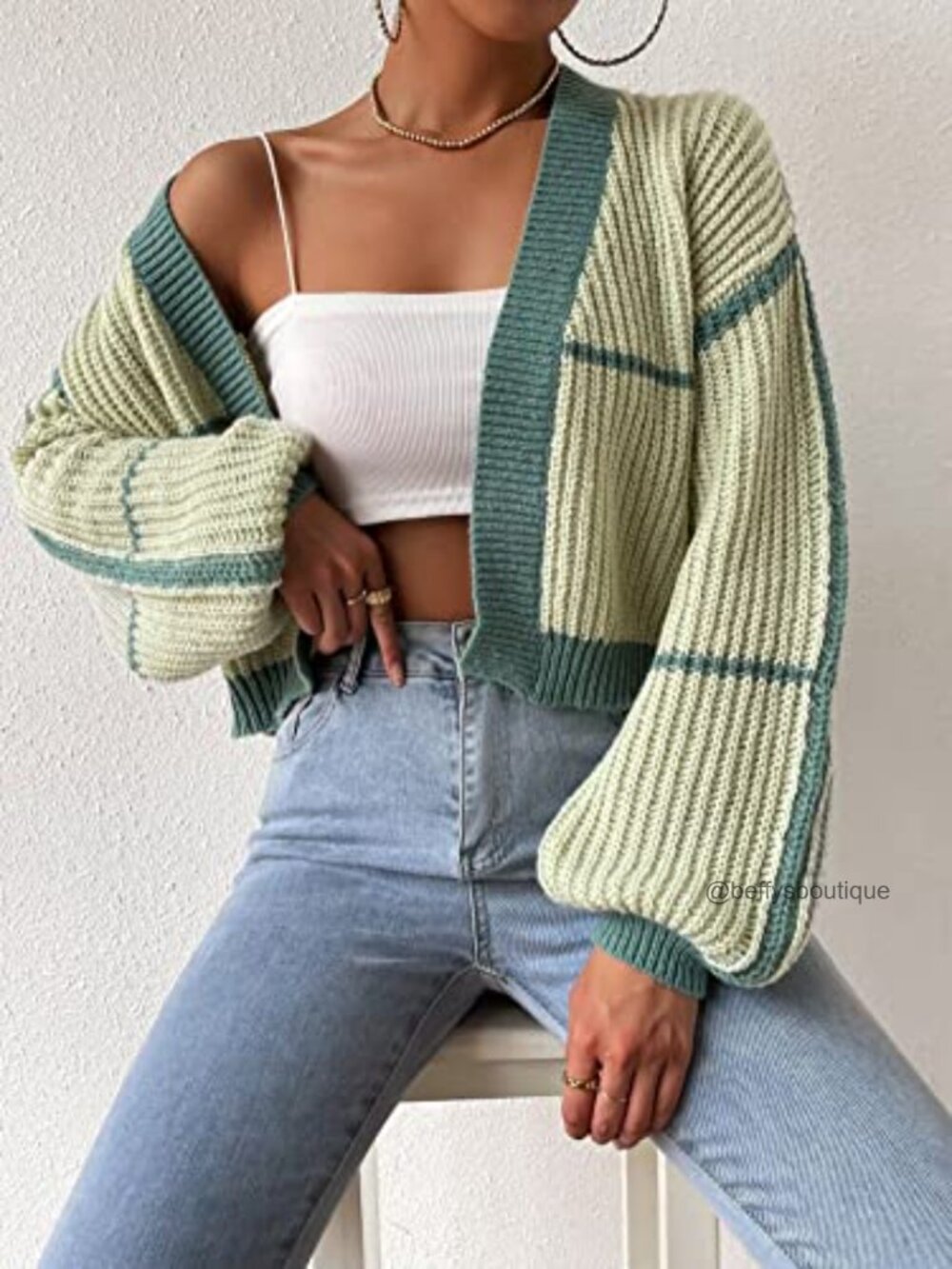 Color Block Crop Cardigan Bishop Long Sleeve Open Front Striped Sweater - Picture 3 of 7